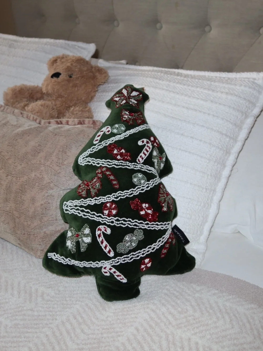 Tahari Green Velvet Christmas Tree Pillow with Red & White Embroidery